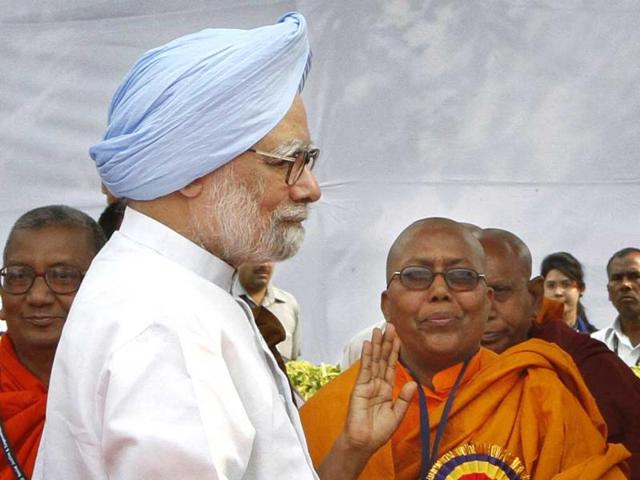 Prime Minister Manmohan Singh after paying homage on the statue of Dr BR Ambedkar on his 123rd Birth Anniversary at Parliament House in New Delhi. (Arvind Yadav/HT Photo)