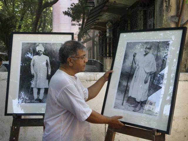 Prakash Ambedkar (grandson of Dr Babasaheb Ambedkar) at the exhibition of restored photographs of Ambedkar at his residence, Rajgruha in Dadar, Mumbai, India on the occassion of Ambedkar's 123rd birth anniverssary. (Kalpak Pathak/HT Photo)