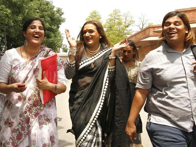 Laxmi Narayan Tripathi of Asia Pacific Transgender Network and other members are elated after the Supreme Court recognized transgender as third gender in New Delhi, India. (HT photo/Arun Sharma) Laxmi Narayan Tripathi of Asia Pacific Transgender Network and other members are elated after the Supreme Court recognized transgender as third gender in New Delhi, India. (HT photo/Arun Sharma)