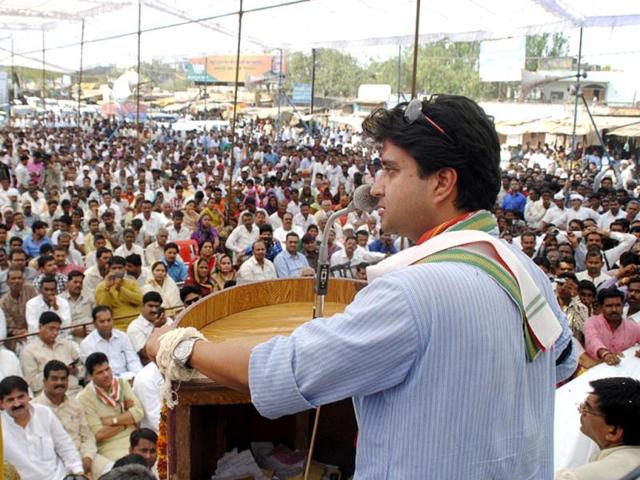 Congress leader Jyotiraditya Scindia after filing his nomination for Lok Sabha election, in Shivpuri, Madhya Pradesh. (HT Photo)