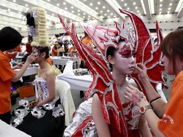 Models get their makeup done during K-Beauty World Fashion Festival in Gwacheon, South Korea. (AP)