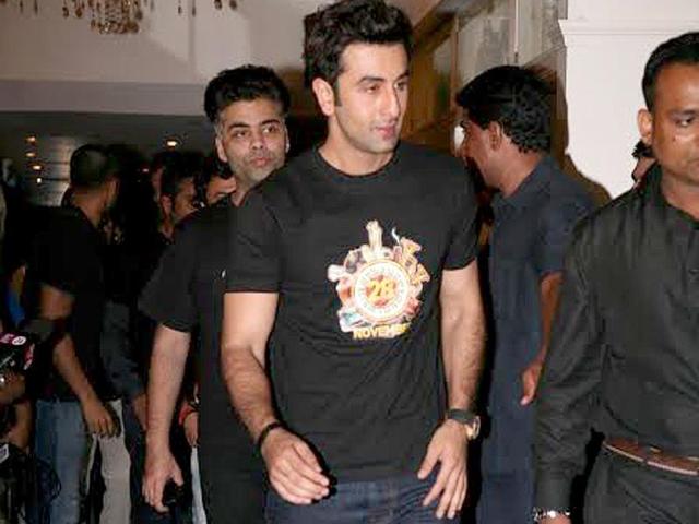 Ranbir Kapoor and Karan Johar make their entry at the Bombay Velvet wrap-up bash.