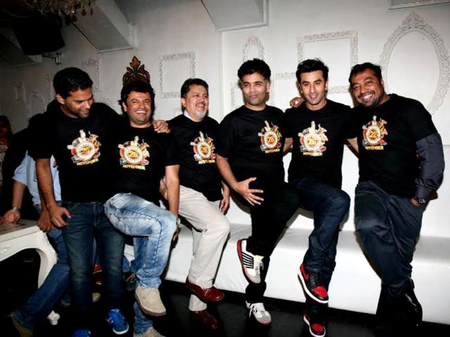All boys' party? Ranbir Kapoor, Vikas Bahl, Anurag Kashyap, Vikramaditya Motwane, Karan Johar show some moves at the Bombay Velvet wrap-up bash.