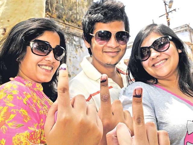 First-time-voters-show-their-ink-marked-fingers-after-casting-votes-during-the-second-phase-of-Lok-Sabha-elections-at-Nivarnpur-booth-in-Ranchi-on-Thursday-Diwakar-Prasad-HT-Photo