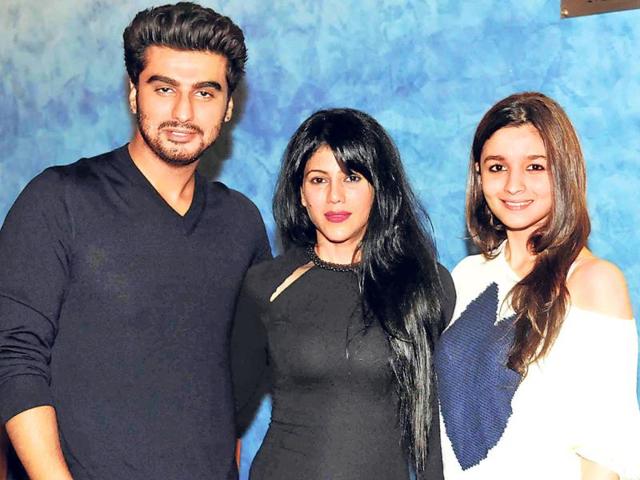 Alia Bhatt and Arjun Kapoor pose with Warda Nadiadwala in Mumbai.