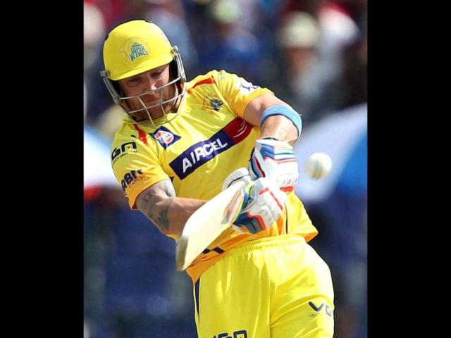 Brendon McCullum of Chennai Super Kings hits a six during their IPL 7 match against Kings XI Punjab at the Al Zayed Cricket Stadium, Abu Dhabi. (PTI Photo)