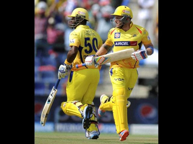 Brendon McCullum and Dwayne Smith of Chennai Super Kings in action during their IPL 7 match against Kings XI Punjab at the Al Zayed Cricket Stadium, Abu Dhabi. (PTI Photo)