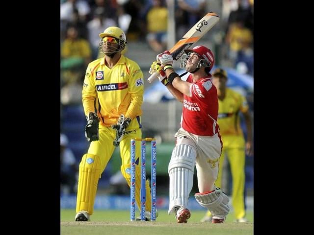 Glenn Maxwell of Kings XI Punjab plays a shot during their IPL 7 match against Chennai Super Kings at the Al Zayed Cricket Stadium, Abu Dhabi. (PTI Photo)