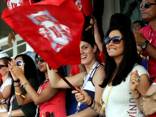Preity Zinta, co-owner of Kings XI Punjab watches the IPL 7 match of her team against Chennai Super Kings at the Al Zayed Cricket Stadium, Abu Dhabi. (PTI Photo)