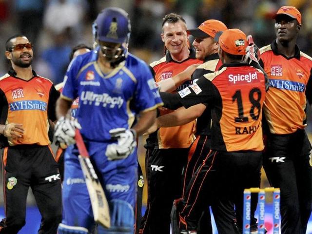 Dale Steyn of Sunrisers Hyderabad celebrates with teammates the wicket of Abhishek Nayar of Rajatshan Royals during their IPL 7 match in Abu Dhabi. (PTI Photo)