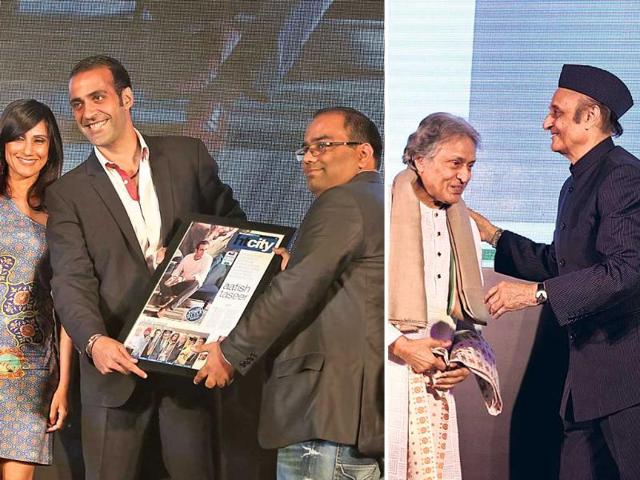 (l to r) 1. Author and TV anchor Aatish Taseer gets the Pepe Jeans Youth Icon award from Rina Dhaka and Kavindra Mishra, Pepe Jeans India CEO. 2. Ustad Amjad Ali Khan receives the Style Legend award from the ICCR president Dr Karan Singh.