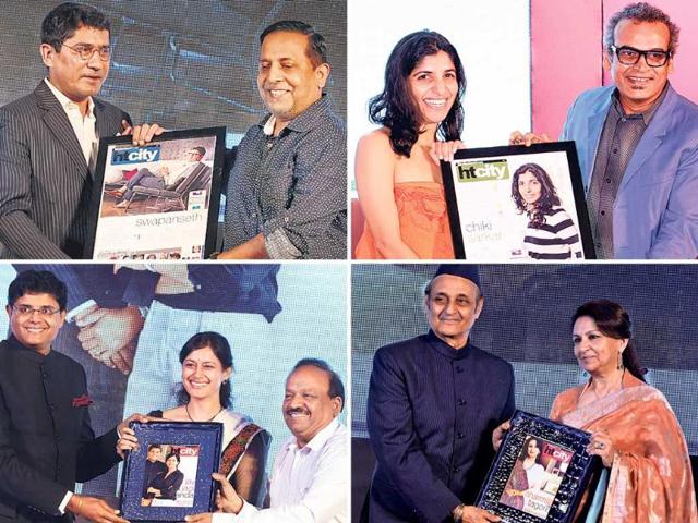 (Clockwise) 1. Publisher Chiki Sarkar gets the award from noted artist Subodh Gupta. 2. Veteran actor Sharmila Tagore receives the Style Legend award from Dr Karan Singh. 3. The Most Stylish Couple Jay and Jagi Panda receiving their award from Dr Harsh Vardhan. 4. Advertising guru Swapan Seth gets the award from ­photographer and jury member Rohit Chawla.