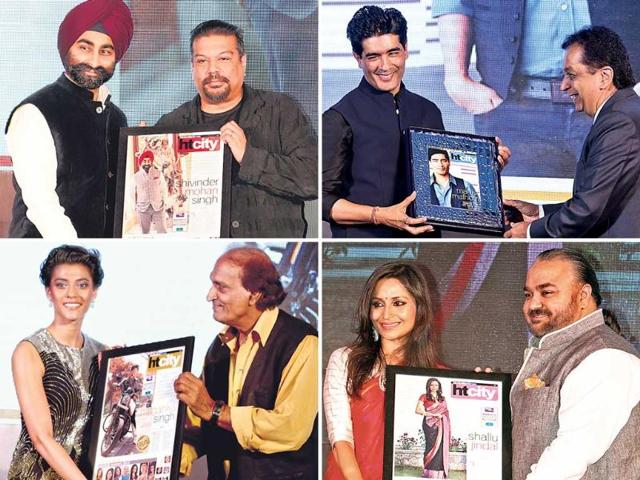 (Clockwise) 1. Designer Manish Malhotra being felicitated by Rajiv Verma, CEO, HT Media Ltd. 2. Princess of the royal family of J&K, Mriganka Singh, ­receives the Youth Icon award from ace photographer Raghu Rai. 3. Danseuse and social activist Shallu Jindal receives the award from designer JJ Valaya. 4. Industrialist Shivinder Mohan Singh receives his award from food critic and HT Advisor Vir Sanghvi.
