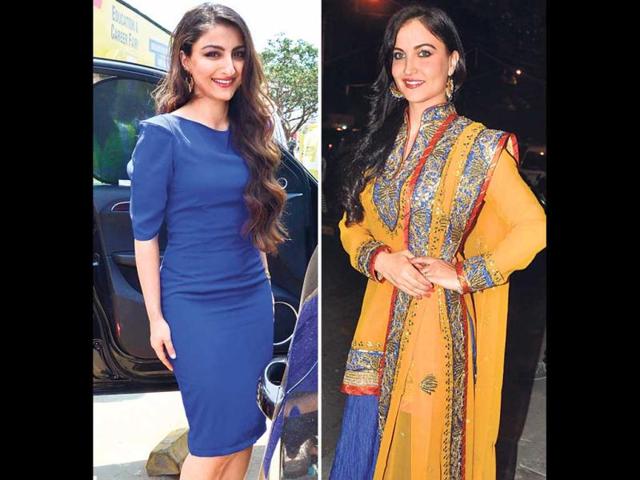 Going blue: Soha Ali Khan, who is dressed for the occasion, was seen leaving a fair at Bandra-Kurla Complex (left); Elli Avram, dressed in a bright ghagra choli, was photographed in Khar as she was entering an event. (HT Photo)