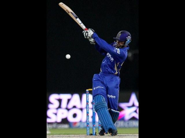 Abhishek Nayar of Rajatshan Royals plays a shot during their IPL 7 match against Kings XI Punjab in Sharjah. (PTI Photo)