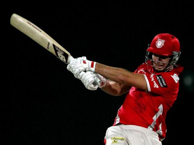 David Miller of Kings X1 Punjab plays a shot during their IPL 7 match against Rajasthan Royals in Sharjah. (PTI Photo)