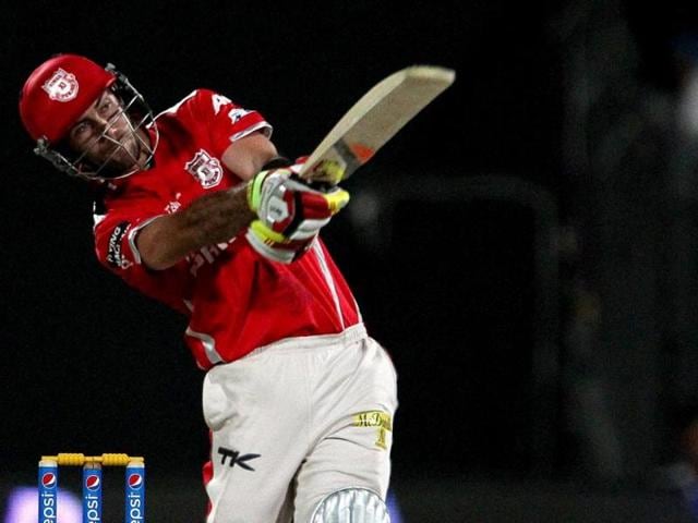 Glenn Maxwell of Kings X1 Punjab plays a shot during their IPL 7 match against Rajasthan Royals in Sharjah. (PTI Photo)
