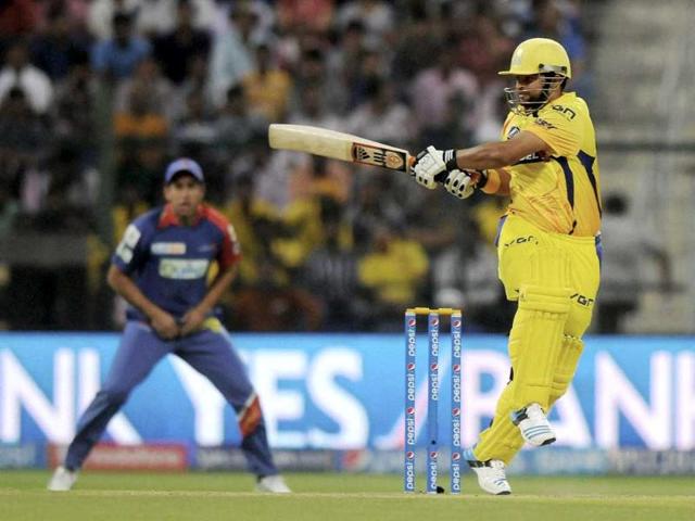 Suresh Raina of Chennai Super Kings in action against Delhi Daredevils during their IPL 7 match at the Zayed Cricket Stadium in Sharjah. (PTI Photo)