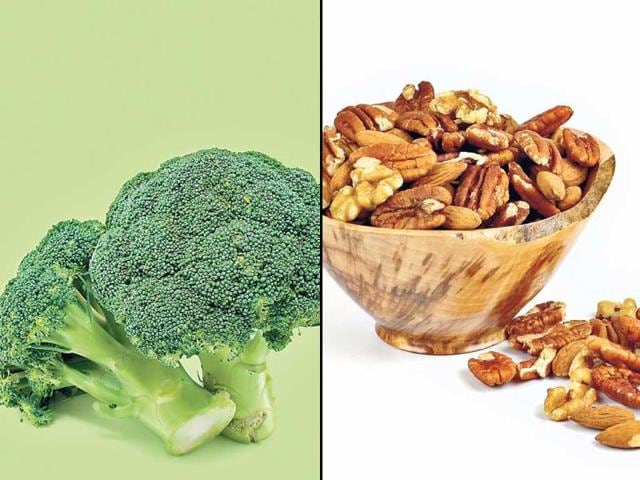 Broccoli: it is a rich source of Vitamin A, K, C and E. Vitamin A helps in regeneration of skin tissues, while Vitamin K, C and E have antioxidant qualities that keep the skin healthy and prevent acne. | Nuts: acne could also be linked to deficiencies in minerals such as zinc and selenium. Nuts like almonds and walnuts are good sources of minerals that promote the general health of the skin. (HT PHOTO)