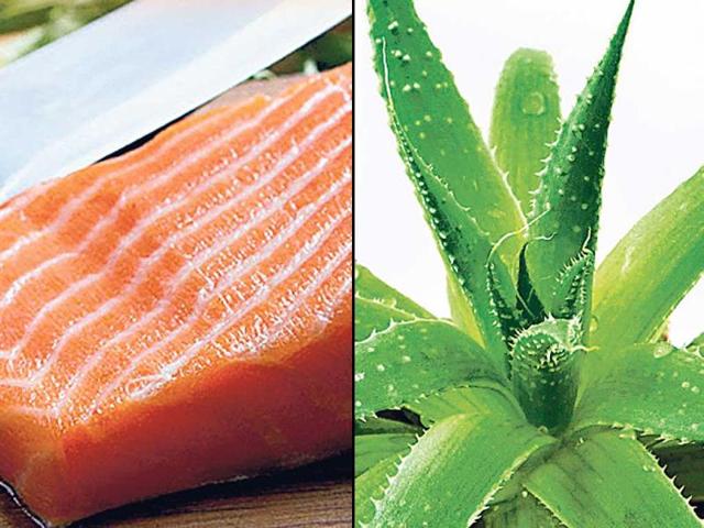 Fish: omega-3 and omega-6 are two main essential fatty acids that help fight acne. These acids help reduce inflammation in our bodies that can trigger cells to clog pores and potentially cause acne. Eating fish is also good for fighting blemishes. Fish like mackerel, salmon, anchovies, and sardines are the most potent choices for blemish-free skin. | Aloevera: aloe vera is known for its healing properties and is the best antioxidant available. One can drink aloe vera juice every morning to have acne-free and clear skin. Aloe vera can also be applied as a face mask. (HT PHOTO)