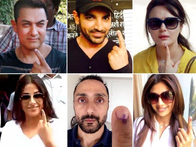 Bollywood celebs flaunt their inked fingers after casting their votes in Mumbai. Check out the pics.