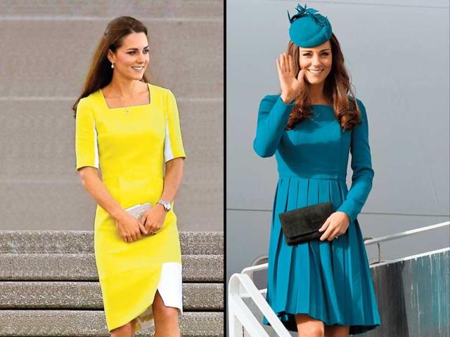 Kate looked pop-ready in this bright pineapple yellow dress by designer Roksanda Ilincic. | The Prince and Duchess went for shades of powder grey as they arrived in Australia.
