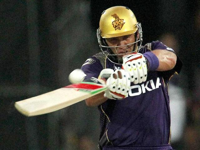 KKR's Jacques Kallis plays a shot against RCB during IPL at the Sharjah stadium in Sharjah. (PTI Photo)
