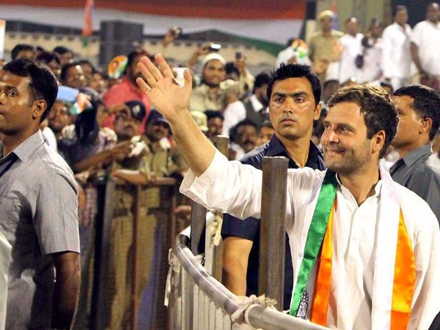 Congress party vice president Rahul Gandhi waves during an election campaign in Hyderabad. (PTI photo)