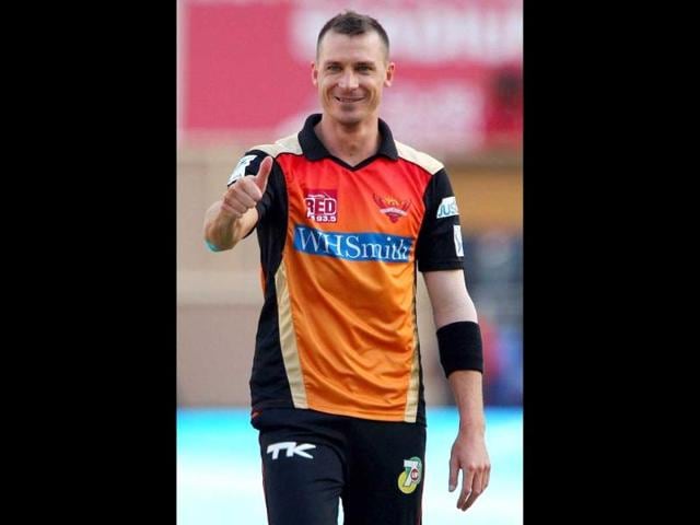 Dale Steyn of the Sunrisers Hyderabad reacts after dismissal of Delhi Daredevils captain Kevin Pietersen during their IPL 7 match in Dubai (PTI Photo)
