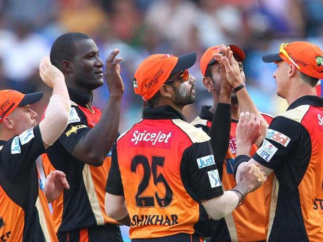 Darren Sammy of the Sunrisers Hyderabad celebrates the wicket of Murali Vijay of the Delhi Daredevils during the IPL Season 7 between the Sunrisers Hyderabad and Delhi Daredevils in Dubai (PTI Photo)