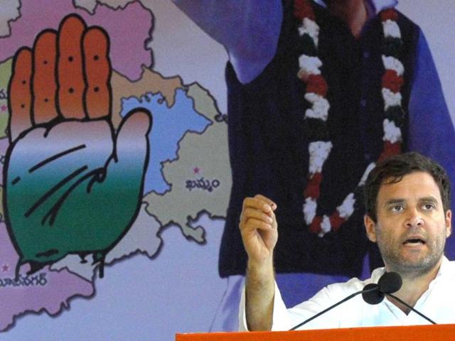 Congress vice-president Rahul Gandhi addresses an election rally in Hyderabad. (AFP photo)