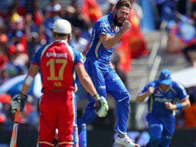 Kane Richardson of Rajatshan Royals celebrates the wicket of AB de Villiers of Royal Challengers Bangalore during their IPL 7 match in Abu Dhabi. (PTI Photo)
