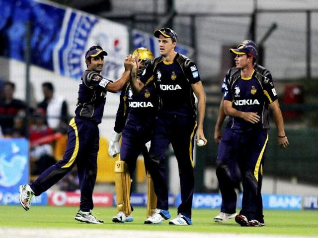 Morne Morkel of Kolkata Knight Riders celebrates the wicket of David Miller of Kings X1 Punjab during their IPL7 match in Abu Dhabi. (PTI Photo)
