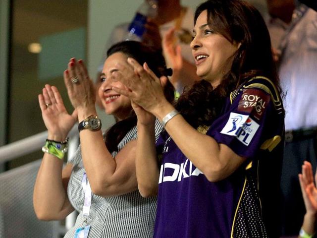 Juhi Chawla, co-owner of Kolkata Knight Riders, during the IPL 2014 at the Sheikh Zayed Stadium, Abu Dhabi, United Arab Emirates. (PTI Photo)