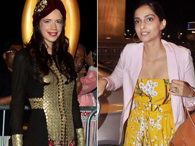 Not cool: Kalki Koechlin poses on the green carpet at the Mid Florida Credit Union Amphitheater ahead of the IIFA Magic of the Movies show (left). Sonam Kapoor departs from Mumbai CST International Airport for Florida, USA to participate in IIFA 2014 awards ceremony, looking rather unfashionable. (Agencies)