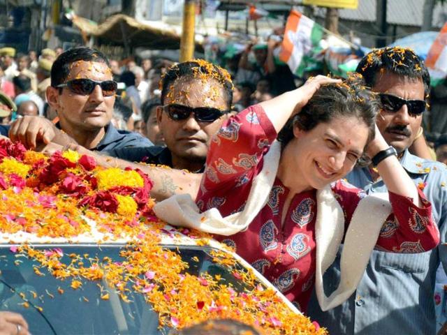 Priyanka Vadra during an election campaign for her mother and Congress President Sonia Gandhi in Raebareli on Monday. (PTI Photo)