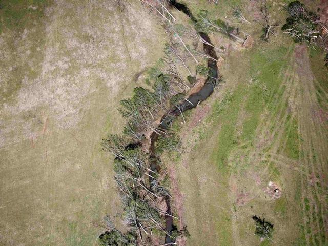 Fallen trees are seen along a creek seen in this aerial picture in Mayflower, Arkansas. (Reuters Photo)