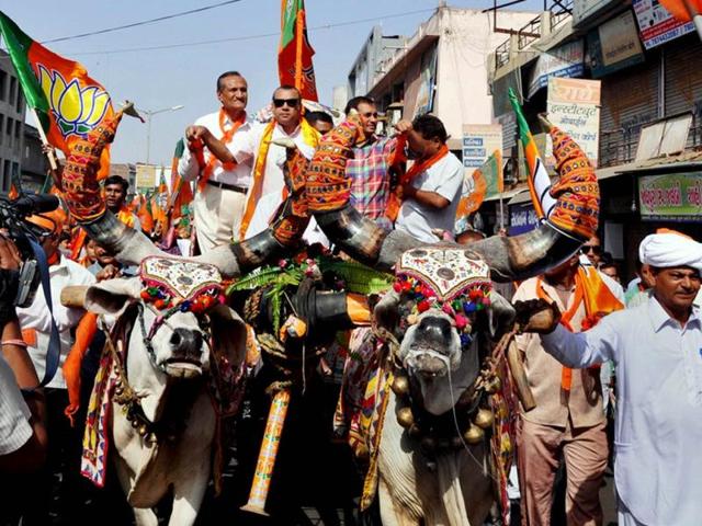 BJP candidate from Ahmedabad East Paresh Rawal is seen during an election rally