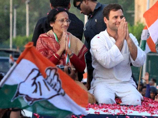 Congress vice-president Rahul Gandhi during a road show for party candidate Rita Bahuguna Joshi in Lucknow. (PTI photo)