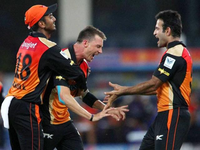 Dale Steyn of Sunrisers Hyderabad celebrates the wicket of Corey Anderson of Mumbai Indians during their IPL 7 match in Dubai. (PTI Photo)