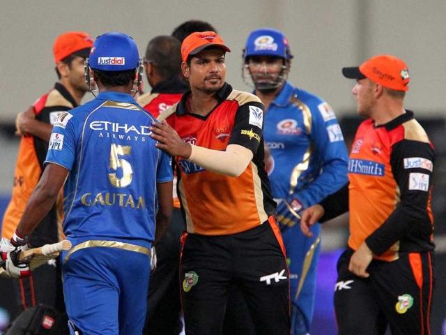 Players shake hands after an IPL 7 match between Mumbai Indians and Sunrisers Hyderabad in Dubai. (PTI Photo)