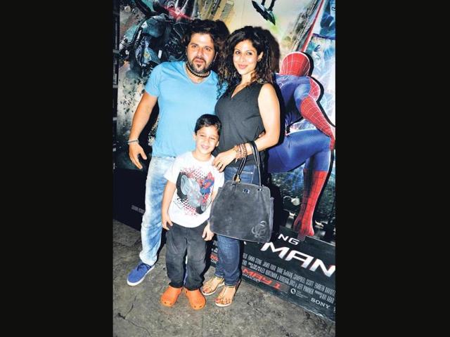 Bakhtiyaar and Tanaaz Irani with son Zeus at a film screening. (HT PHOTO)