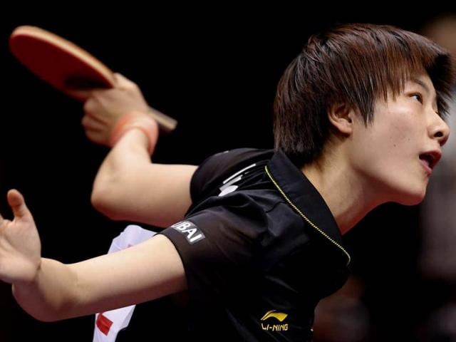 Ding Ning of China serves against Yuka Ishigaki of Japan during their final match of the World Team Table Tennis Championships in Tokyo. (AP Photo)