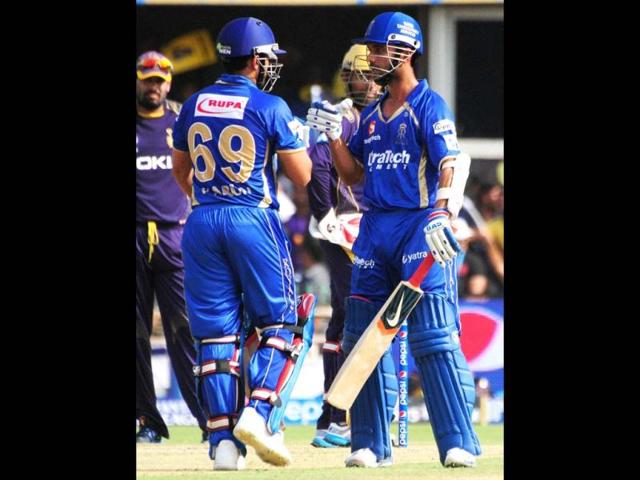 Rajasthan Royals' Ajinkya Rahane and Karun Nair during their IPL match against Kolkata Knight Riders at Motera Stadium in Ahmedabad. (PTI Photo)