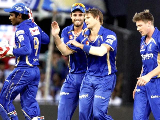 Rajasthan Royals players celebrate the wicket of Robin Uthappa of Kolkata Knight Riders during their IPL match at Motera Stadium in Ahmedabad. (PTI Photo)