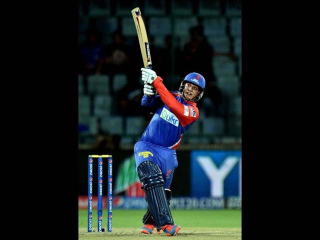 Quinton De Kock of Delhi Daredevils plays a shot during their IPL 7 match against Chennai Super Kings at Ferozshah Kotla, in New Delhi. (PTI Photo)