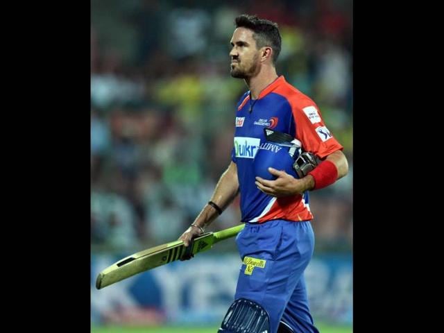 Delhi Daredevils captain Kevin Pietersen walks back after being clean bowled during their IPL 7 match against Chennai Super Kings at Ferozshah Kotla, in New Delhi. (PTI Photo)