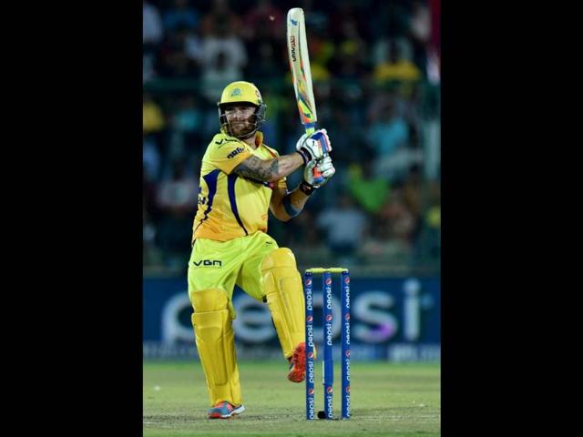 Chennai Super Kings batsman Brendon McCullum plays a shot against Delhi Daredevils during their IPL 7 match at Ferozshah Kotla, in New Delhi. (PTI Photo)