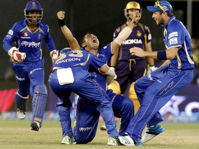 Rajasthan Royals' Pravin Tambe celebrates with teammates after claiming a hat-trick against Kolkata Knight Riders in their IPL match Motera Stadium in Ahmedabad. (PTI Photo)