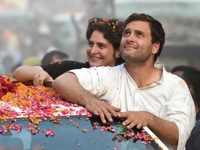 Congress vice-president Rahul Gandhi with his sister Priyanka Gandhi Vadra during a roadshow at Jayas in Amethi. (PTI Photo)